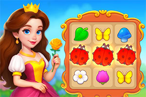Princesa sosteniendo una rosa amarilla junto a un tablero de rompecabezas con mariquitas, hojas, mariposas, hongos y flores