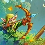 Un elfo con orejas puntiagudas y arco apunta a una criatura verde con casco de cuernos y armadura, con un fondo de paisaje verde