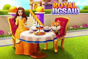 Una mujer y un perro sentados en sillas elegantes compartiendo una mesa con té y postres frente a un castillo