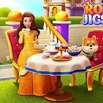 Una mujer y un perro sentados en sillas elegantes compartiendo una mesa con té y postres frente a un castillo