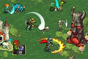 Personajes de fantasía en un campo de batalla con espadas y magia cerca de un castillo y una estatua oscura con forma de criatura