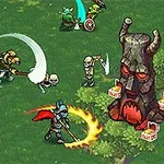 Personajes de fantasía en un campo de batalla con espadas y magia cerca de un castillo y una estatua oscura con forma de criatura