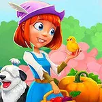 Mujer pelirroja con sombrero morado y delantal azul sostiene un pollito, con un perro blanco y negro cerca de una canasta de frutas y una calabaza, rodeada de flores y una colmena con abejas