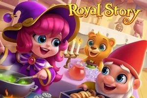 Una escena animada con una bruja sonriente cocinando, un gnomo con pastel y un oso alegre sentado en una mesa decorada