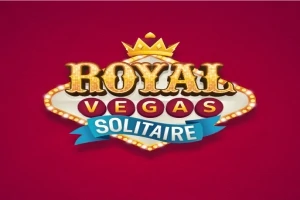 Logotipo con texto Royal Vegas Solitaire sobre fondo rojo, adornado con una corona dorada y cintas decorativas