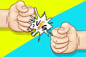Dos puños listos para un enfrentamiento con un efecto de explosión vs en el centro sobre un fondo dividido en amarillo y azul