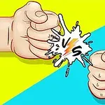Dos puños listos para un enfrentamiento con un efecto de explosión vs en el centro sobre un fondo dividido en amarillo y azul