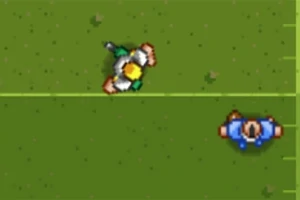 Vista aérea de dos personajes pixelados en un campo verde, uno con ropa verde y otro con ropa azul