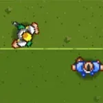 Vista aérea de dos personajes pixelados en un campo verde, uno con ropa verde y otro con ropa azul