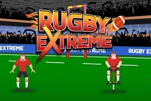 Dos jugadores de rugby en un campo de juego con un letrero que dice Rugby Extreme en letras grandes