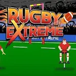 Dos jugadores de rugby en un campo de juego con un letrero que dice Rugby Extreme en letras grandes