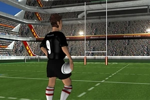 Jugador de rugby con el número 9 en su camiseta sosteniendo un balón en un estadio lleno