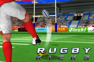 Jugador de rugby con uniforme rojo y blanco pateando un balón en un campo de rugby, con público de fondo y el texto Rugby Kicks