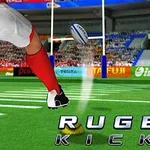 Jugador de rugby con uniforme rojo y blanco pateando un balón en un campo de rugby, con público de fondo y el texto Rugby Kicks