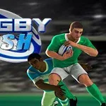 Dos jugadores de rugby, uno en camiseta verde y otro en azul, en acción durante un partido con el texto Rugby Rush en el fondo