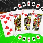 Cinco cartas de póker en una mano ganadora en un fondo verde con naipes en miniatura alrededor