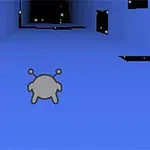 Un personaje gris de aspecto caricaturesco corre a lo largo de un túnel azul 3D con estrellas brillantes a los lados
