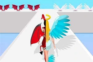 Persona con alas de ángel a la derecha y alas de demonio a la izquierda caminando por una pasarela