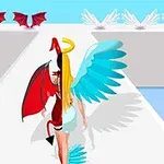Persona con alas de ángel a la derecha y alas de demonio a la izquierda caminando por una pasarela