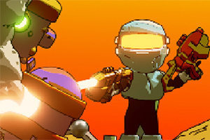 Personajes de aspecto futurista con cascos brillantes y armas láser sobre un fondo naranja