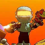 Personajes de aspecto futurista con cascos brillantes y armas láser sobre un fondo naranja