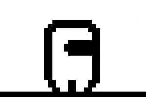 Personaje pixelado en blanco y negro con forma de astronauta sobre fondo blanco