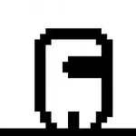 Personaje pixelado en blanco y negro con forma de astronauta sobre fondo blanco