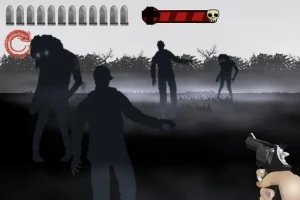 Siluetas de zombis avanzando en un paisaje oscuro con niebla, mientras una mano sostiene una pistola en primer plano