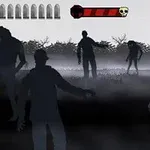 Siluetas de zombis avanzando en un paisaje oscuro con niebla, mientras una mano sostiene una pistola en primer plano