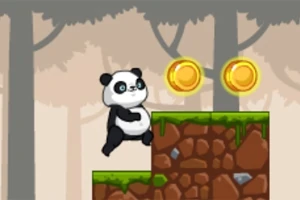 Un panda animado está saltando sobre plataformas de tierra con césped, rodeado de árboles en el fondo y dos monedas doradas flotando
