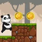 Un panda animado está saltando sobre plataformas de tierra con césped, rodeado de árboles en el fondo y dos monedas doradas flotando