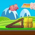 Un cerdo rosa volador sobre un paisaje campestre con montañas, bloques de paja y una rampa de madera
