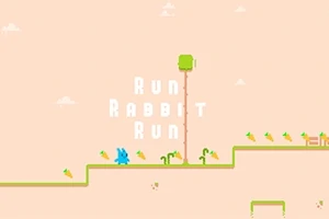 Un conejo azul corre sobre plataformas verdes mientras varias zanahorias flotan en un fondo beige claro