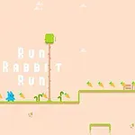 Un conejo azul corre sobre plataformas verdes mientras varias zanahorias flotan en un fondo beige claro