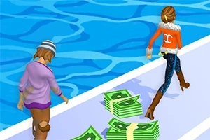 Dos personajes caminando sobre una plataforma al lado de una piscina, con pilas de dinero en el suelo