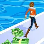 Dos personajes caminando sobre una plataforma al lado de una piscina, con pilas de dinero en el suelo