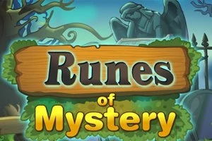 Cartel de madera con el texto Runes of Mystery sobre un fondo de cementerio con una estatua y árboles retorcidos