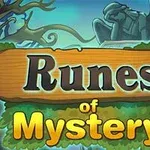 Cartel de madera con el texto Runes of Mystery sobre un fondo de cementerio con una estatua y árboles retorcidos
