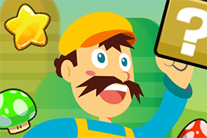 Personaje caricaturesco con gorra amarilla y bigote levantando un bloque con signo de interrogación, rodeado de una estrella dorada y hongos coloridos