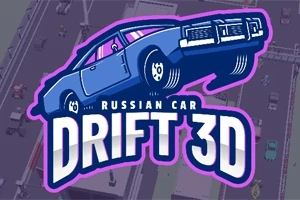 Coche azul estilizado en movimiento con texto Russian Car Drift 3D sobre un fondo urbano ilustrado