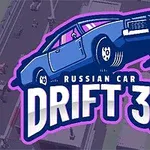 Coche azul estilizado en movimiento con texto Russian Car Drift 3D sobre un fondo urbano ilustrado