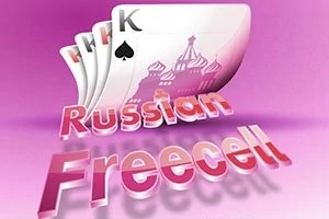Cartas de juego con un diseño de cúpulas rusas y texto que dice Russian Freecell sobre un fondo rosa