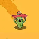 Cactus animado con sombrero rosa y verde sobre un fondo amarillo