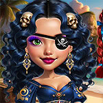 Dos personajes con atuendos temáticos de piratas, uno con parche en el ojo y cabello rizado azul oscuro, el otro con trenzas rojas, fondo de playa