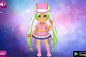 Personaje animado con cabello verde claro y largo, vestido rosado y sombrero de copa rosa, sobre un fondo cósmico lleno de estrellas