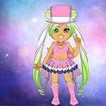 Personaje animado con cabello verde claro y largo, vestido rosado y sombrero de copa rosa, sobre un fondo cósmico lleno de estrellas
