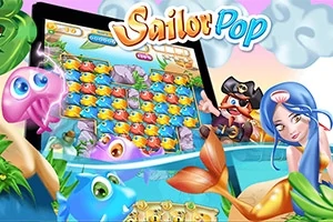 Personajes de fantasía, incluyendo una sirena y un pirata, rodean una pantalla con un juego de aventura marina colorido