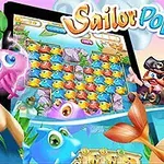 Personajes de fantasía, incluyendo una sirena y un pirata, rodean una pantalla con un juego de aventura marina colorido