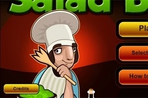 Chef caricaturesco sosteniendo una cuchara de madera, con un fondo oscuro y botones de menú a la derecha
