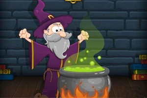 Un mago con sombrero morado y barba larga está frente a un caldero burbujeante en una habitación de piedra